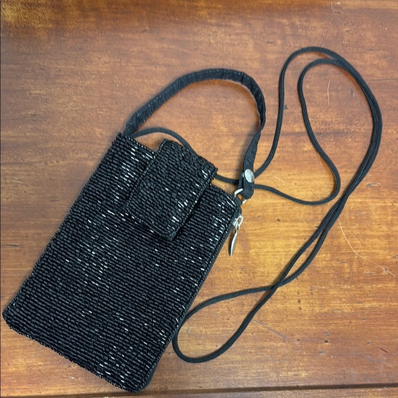 None Other - Black Beaded Elegant Formal Phone Crossbody Bag